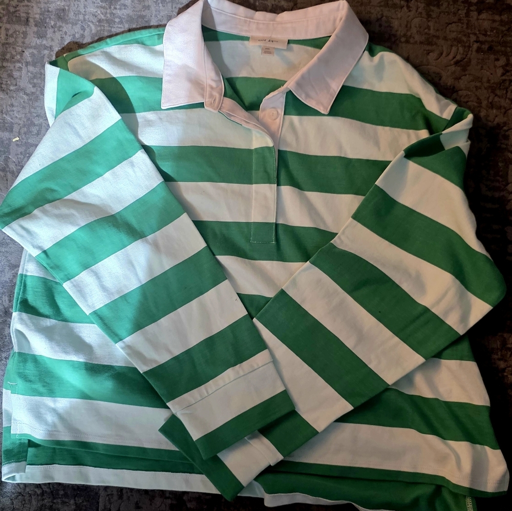 On 34 TH  Shirt M Green White Stripes Long Sleeve Polo Style